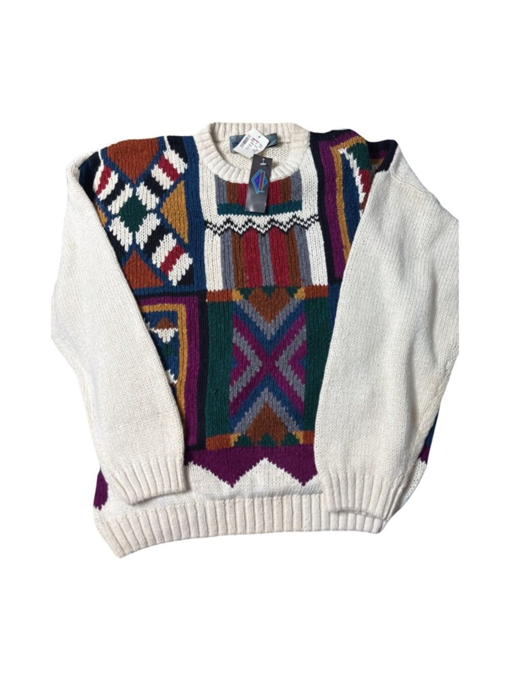 Vintage 90s Geometric Crewneck Sweater Cream Multicolor Grandpa Core Size XXL